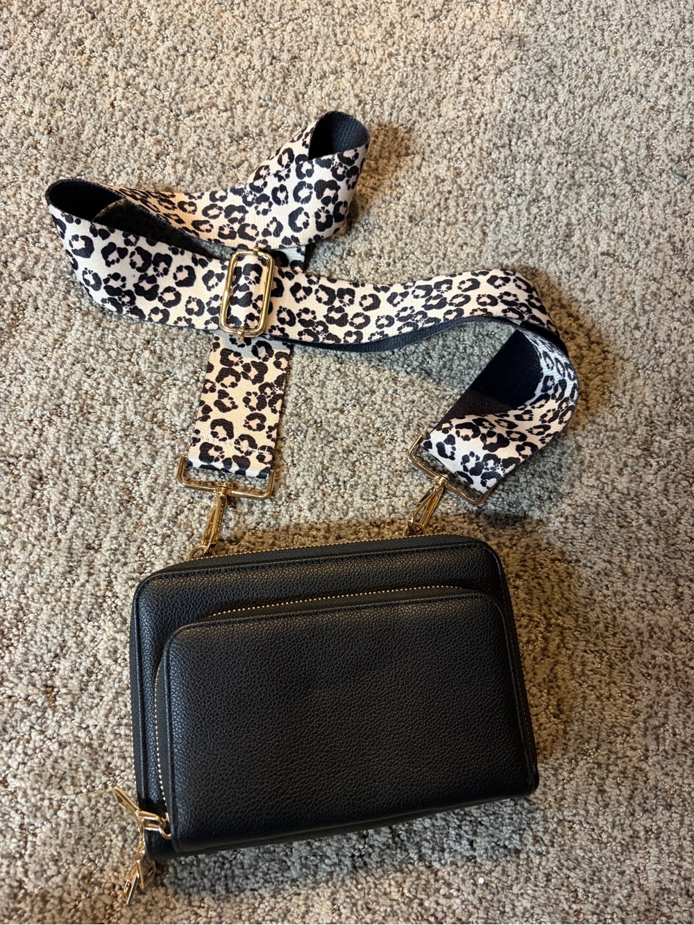 Black Leather Crossbody Camera Bag with Leopard Strap